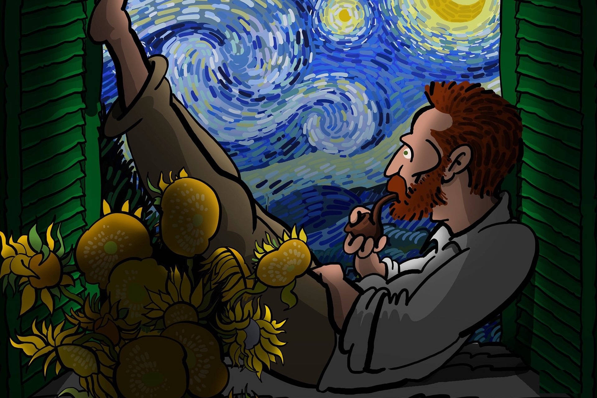 梵高卡通窗邊壁紙 壁紙 — 一位卡通藝術家拿著煙斗坐在綠色百葉窗旁，被向日葵包圍，凝視著旋轉的星空夜空。
