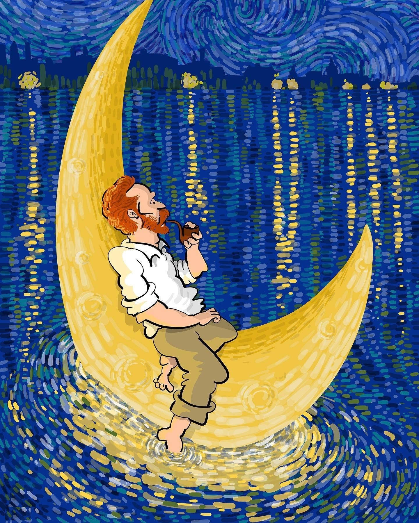 梵高月夜壁紙 壁紙 — 一個留鬍子的男人，穿著白襯衫和棕色褲子，平靜地坐在新月上抽煙斗，背景是旋轉的藍色夜空，點綴著黃色星星。