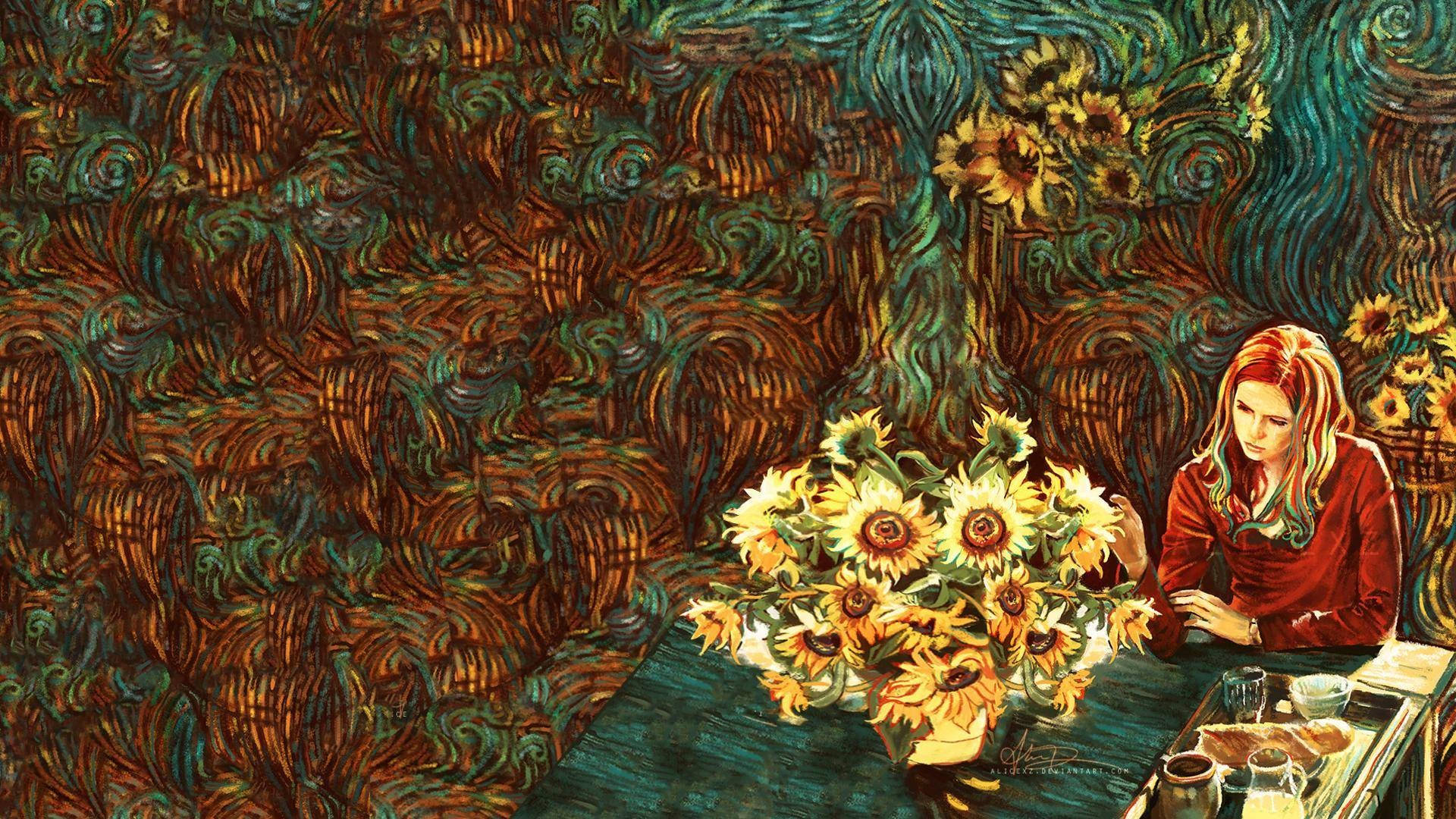 梵高風格《神秘博士》壁紙 壁紙 — 一位身穿紅色連衣裙的女性坐在一張有向日葵的桌子旁，背景是旋轉的深綠色和橙色壁紙。