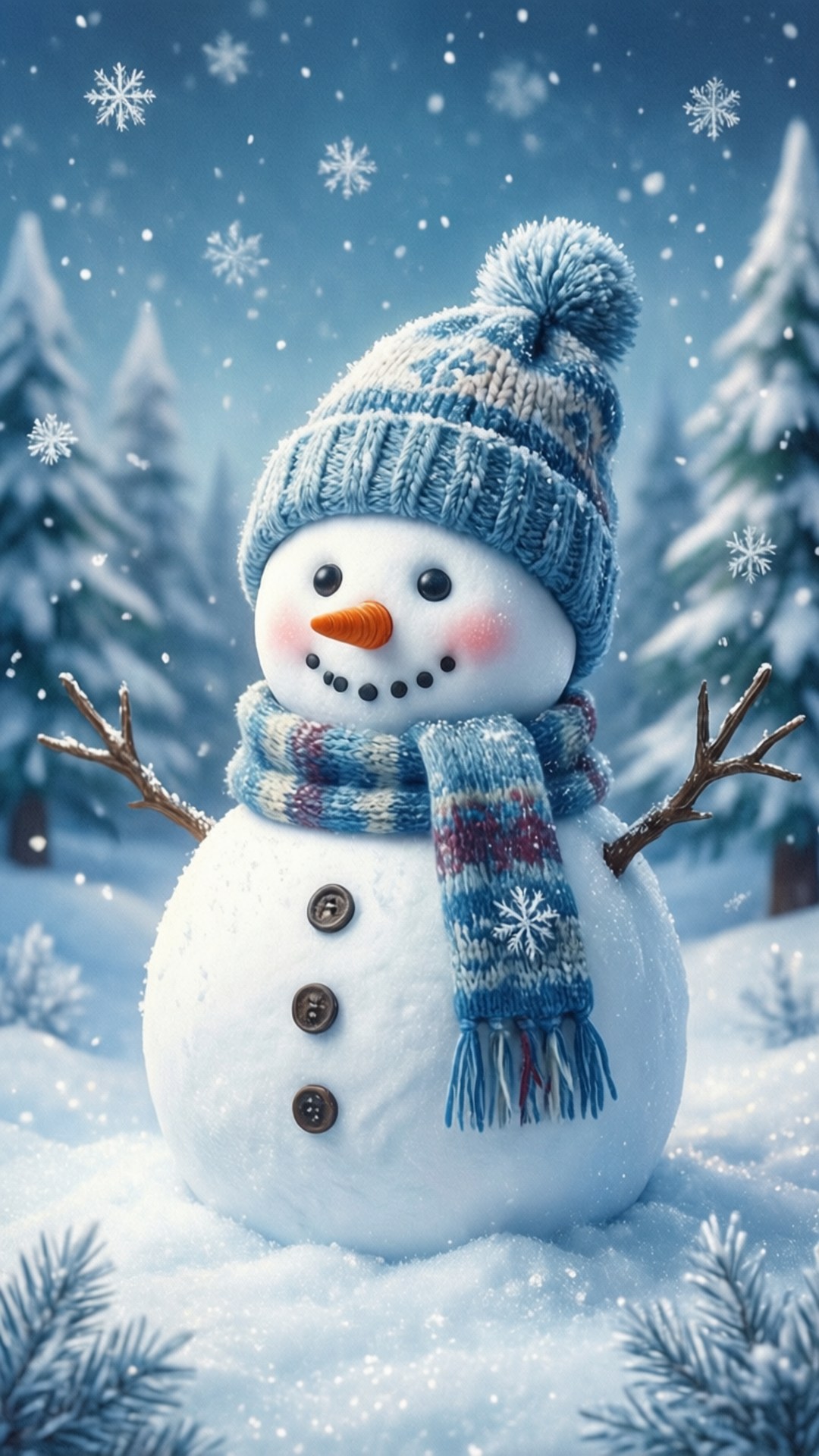 棉花糖雪人冬日 壁紙 — 一個戴著藍色針織帽和圍巾的快樂雪人站在雪花飄落的雪地森林中。