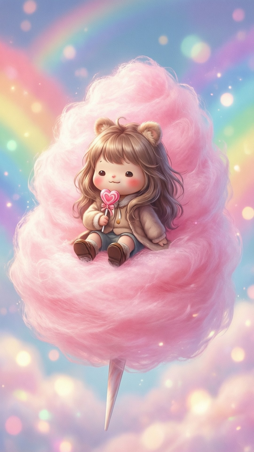 棉花糖雲朵上的 Cogimyun 壁紙 — 一個戴著熊耳朵的可愛女孩坐在一朵巨大的粉紅色棉花糖雲上，在彩虹天空下拿著一個心形棒棒糖。