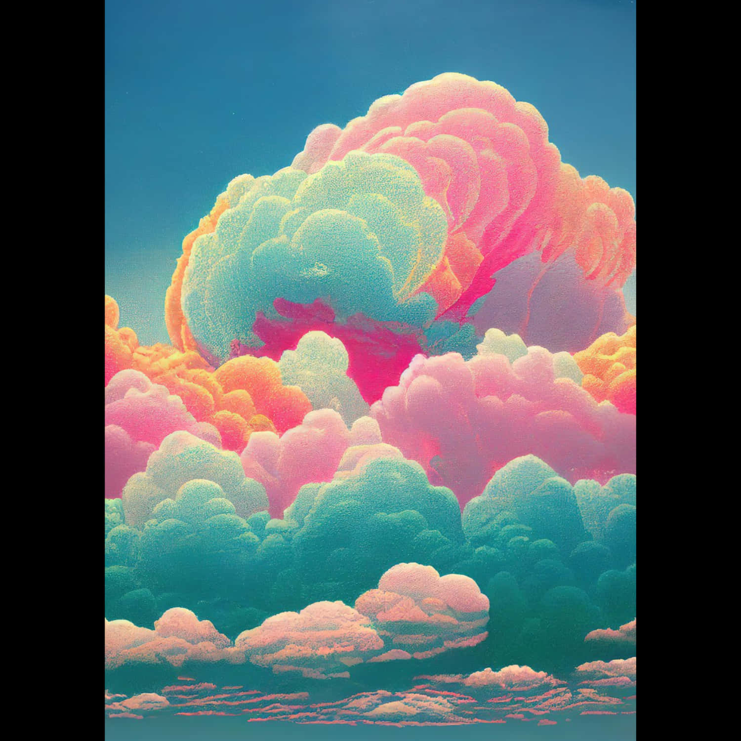 色彩鮮豔的雲朵，以粉紅、青綠和橙色漂浮在清澈的藍天上。