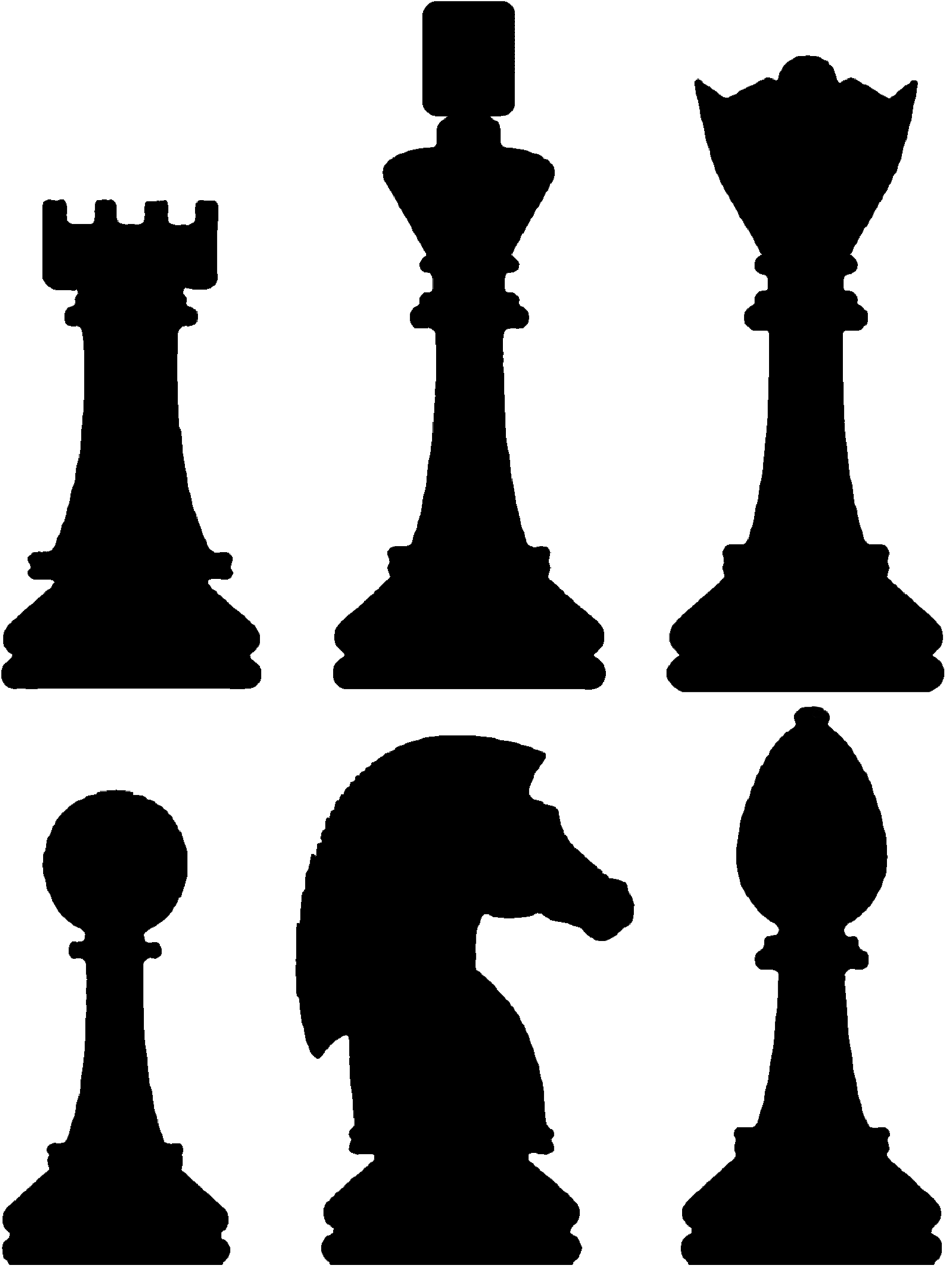 棋子剪影 壁紙 — 六個白色輪廓的國際象棋棋子剪影，置於純黑色背景上。
