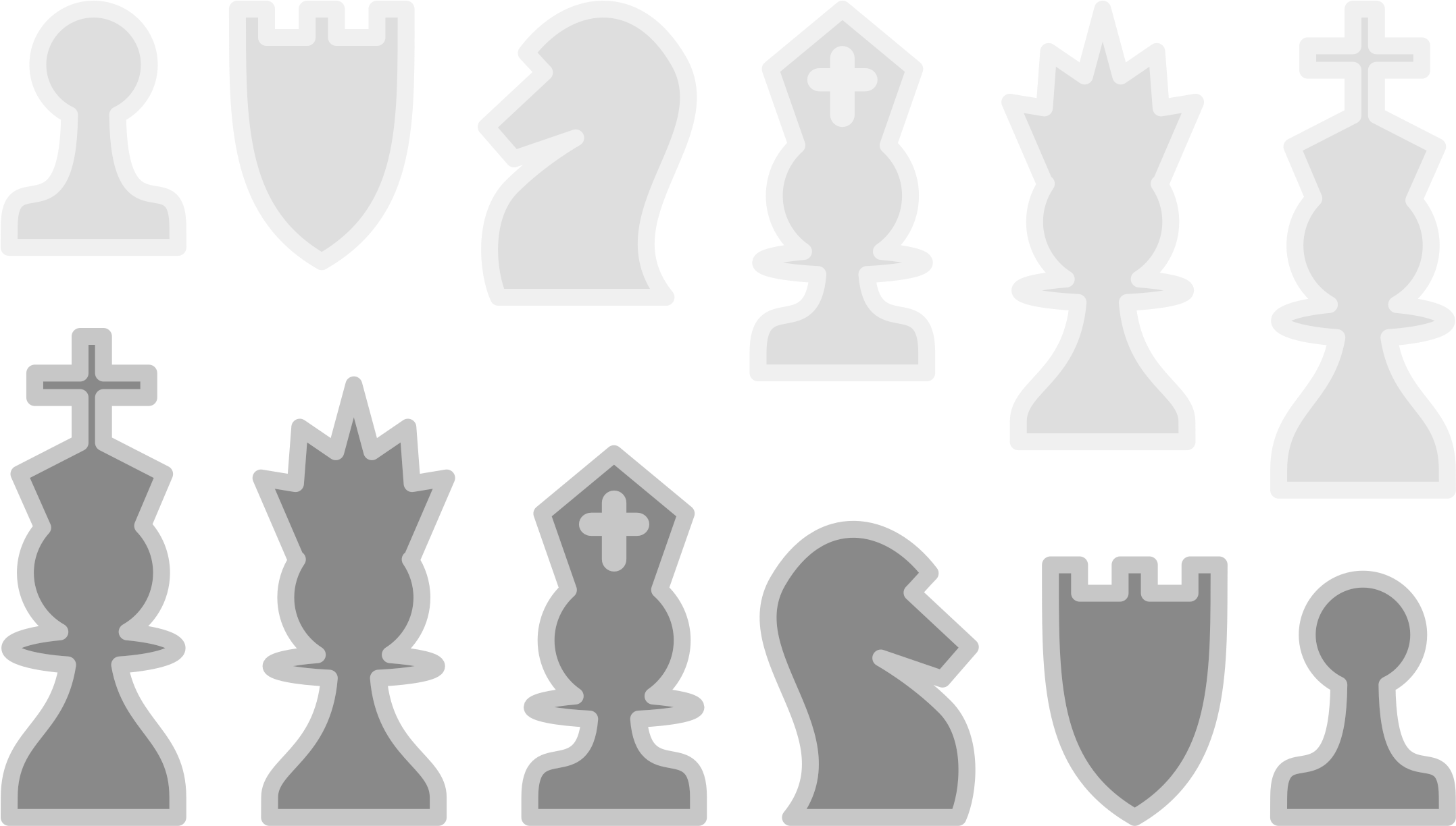 棋子剪影集合 壁紙 — 白色和灰色的國際象棋棋子排列成兩行，背景為黑色，帶有柔和的下落陰影。