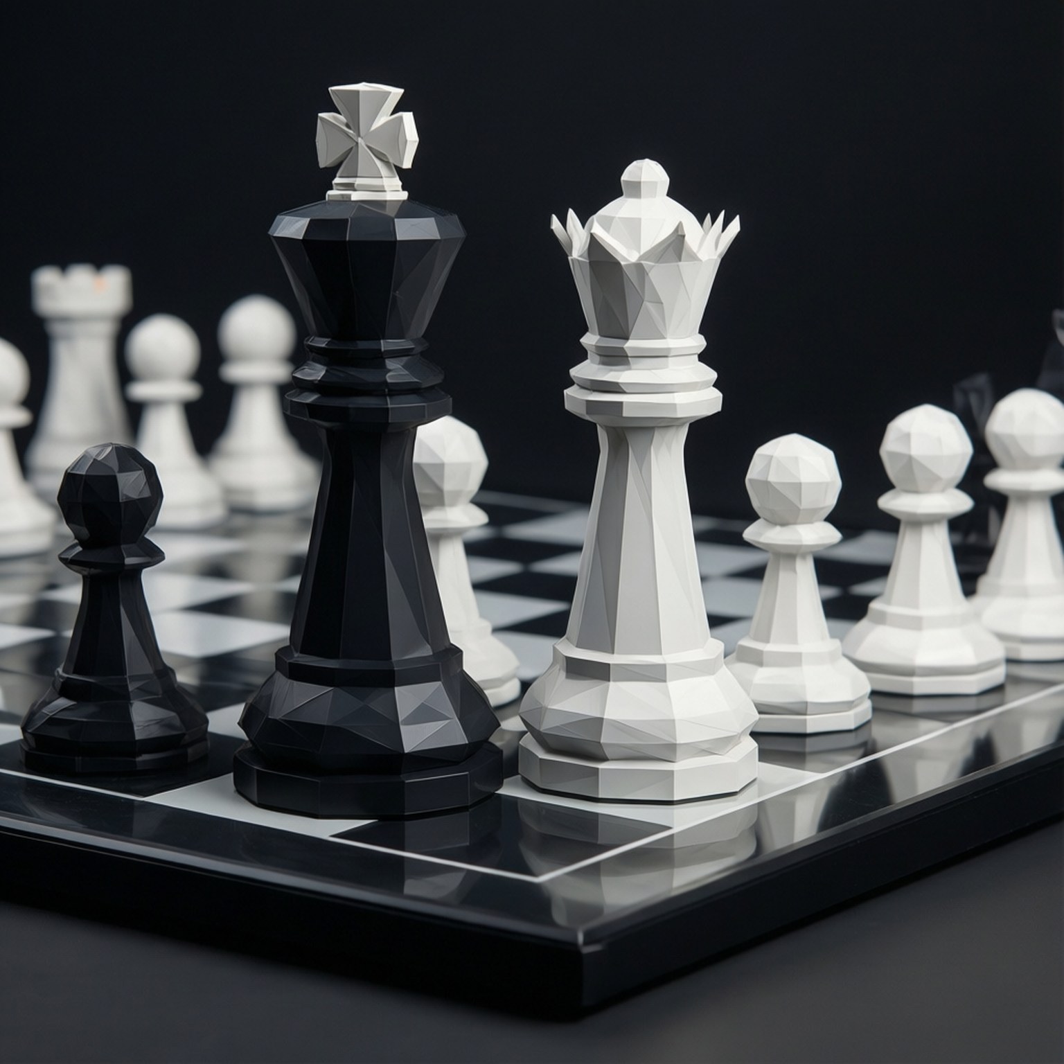 反光棋盤上的低多邊形黑白棋子