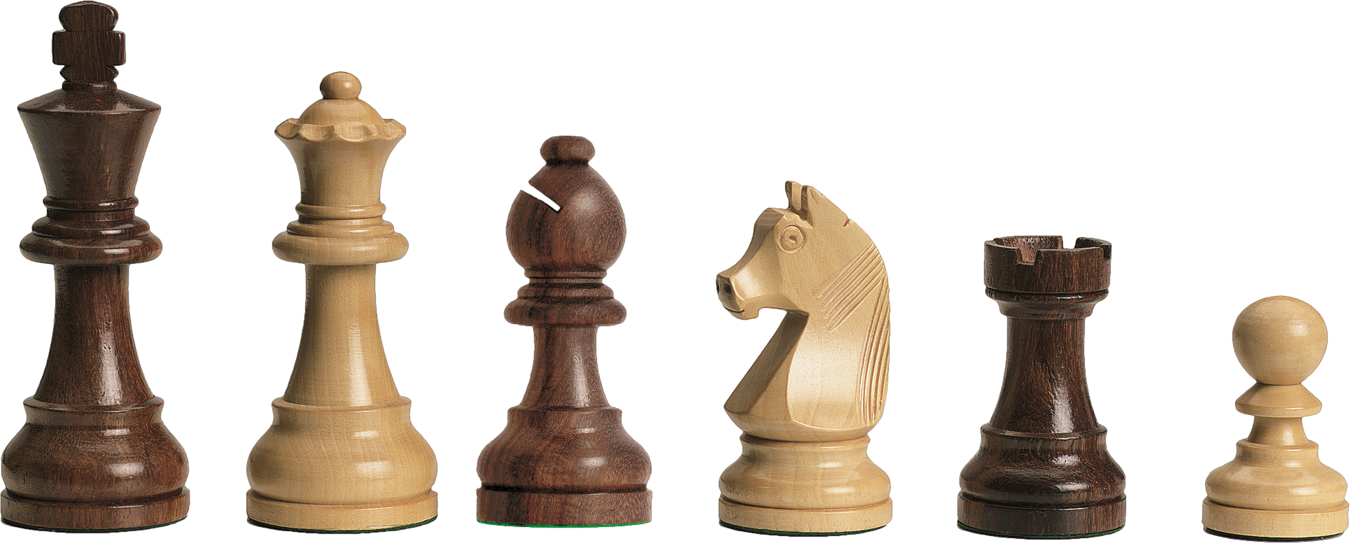 棋子陳列 壁紙 — 六個木製國際象棋棋子，深淺色調交替，排列在一行，背景為純白色。