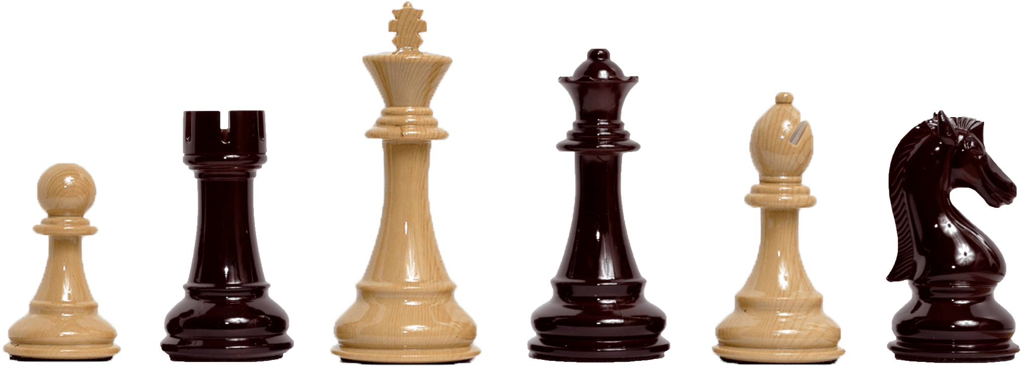 棋子陳列 壁紙 — 六個經典木製國際象棋棋子，分為淺色和深色兩組，排列在嚴肅的黑色背景上。