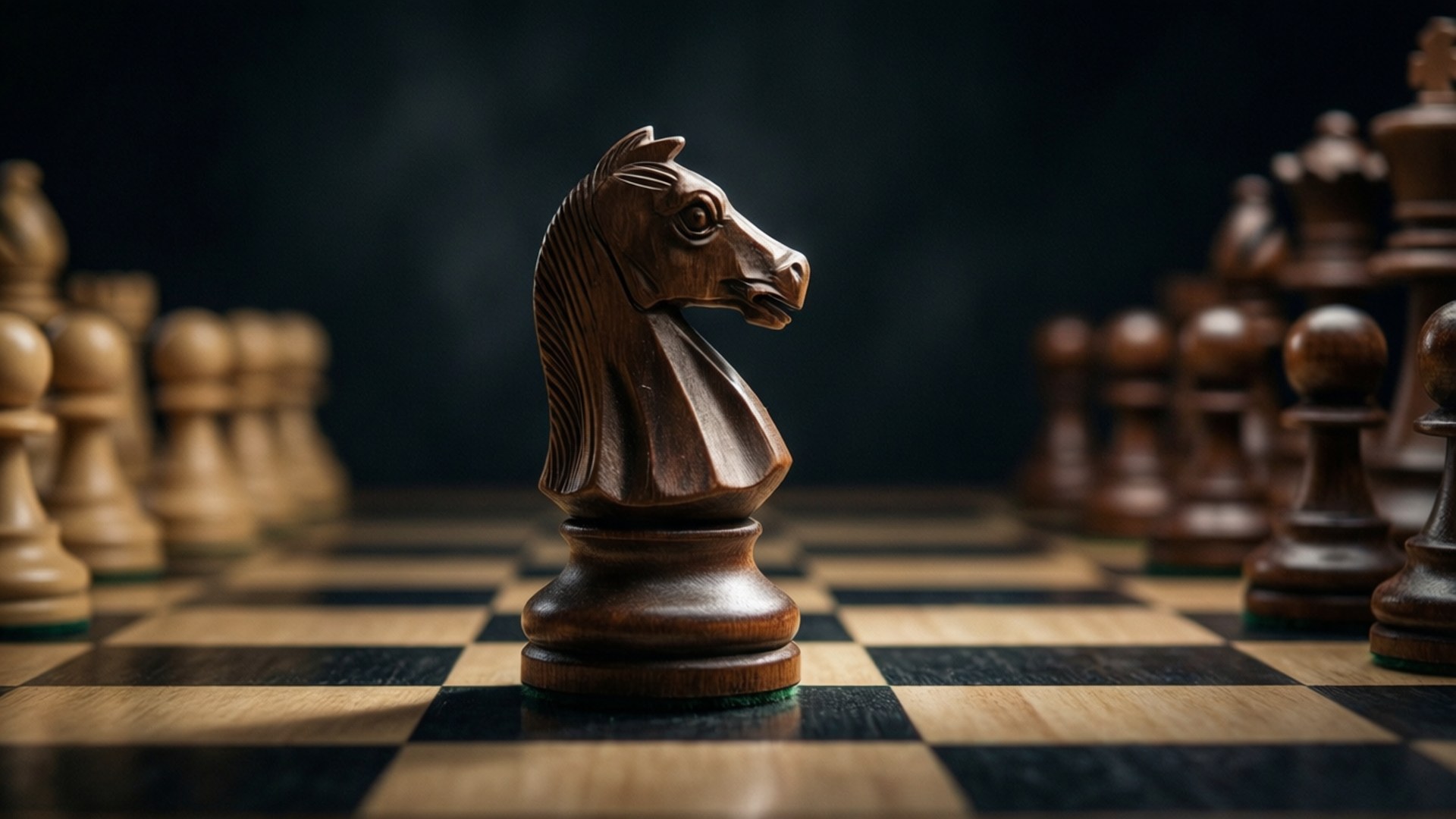 木製國際象棋騎士在棋盤上的特寫，其他棋子失焦。