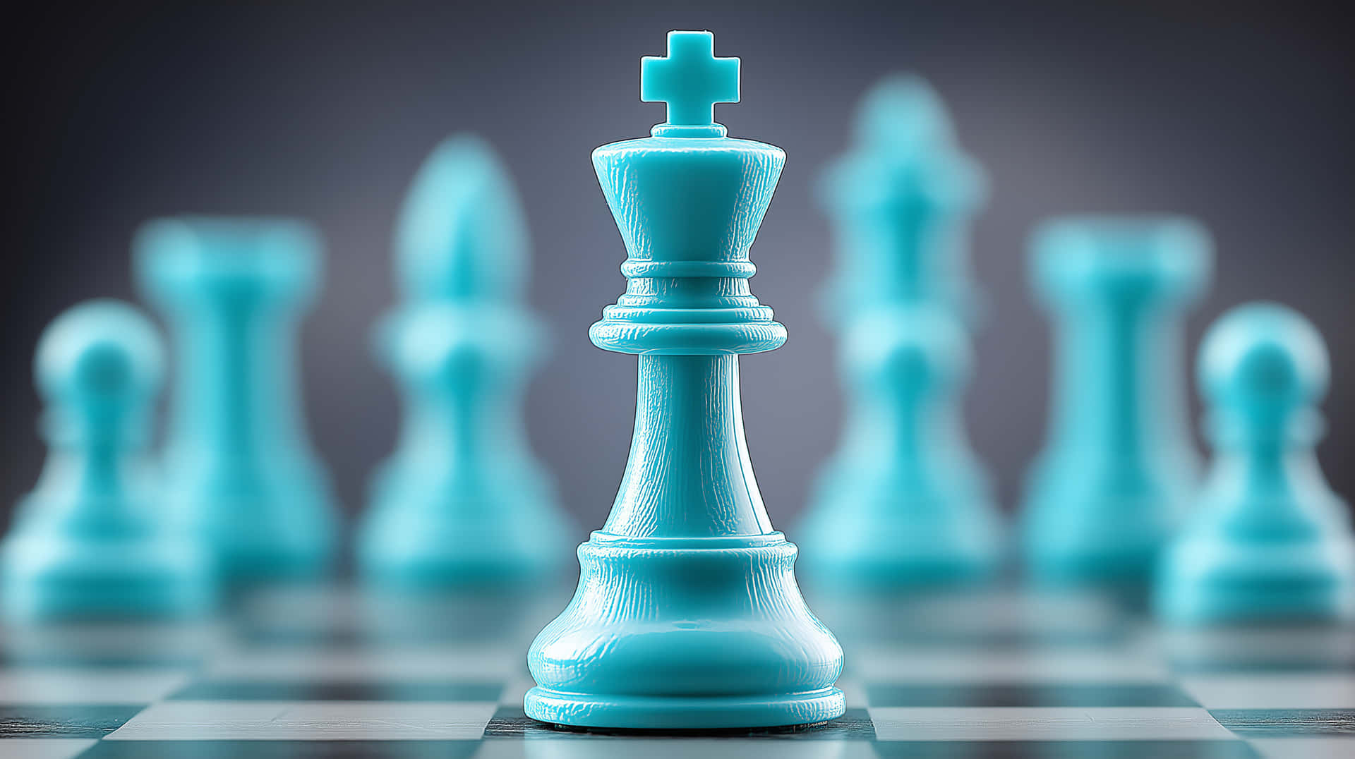 綠松石色國王棋子對焦，棋盤上模糊的綠松石色棋子