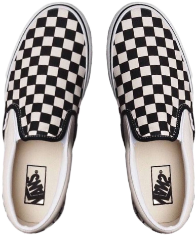 棋盤格套腳鞋 壁紙 — 從上方俯瞰經典黑白格紋Vans slip-on運動鞋，背景透明。