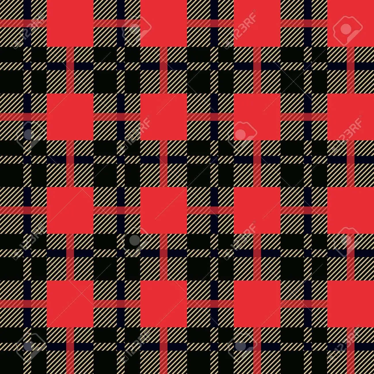 棋盤格紋，風格百搭 壁紙 — 大膽的紅、黑、奶油色格子圖案，帶有對角線條，形成重複的幾何紡織設計。