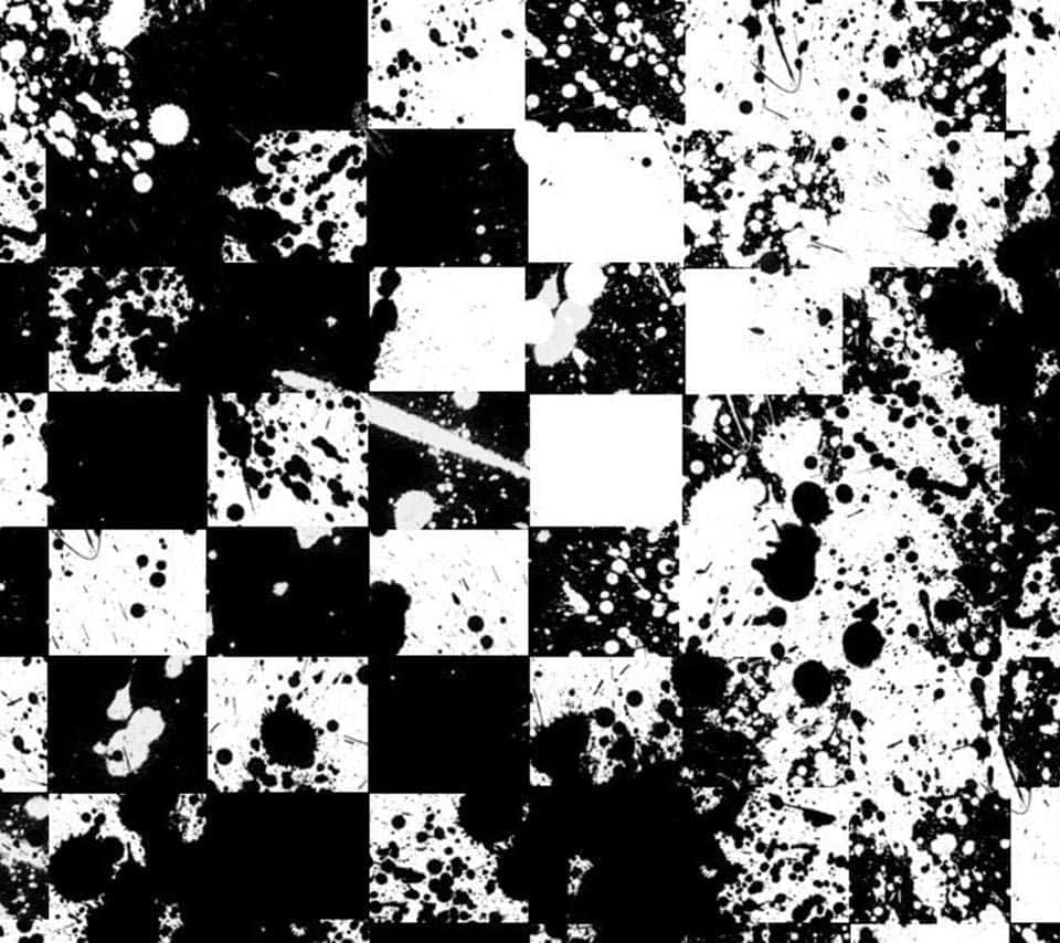 黑白棋盤格，每個方格上有墨水飛濺。