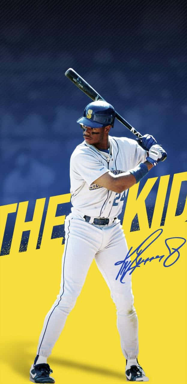 棒球運動員擊球姿勢，帶有「THE KID」文字和簽名。