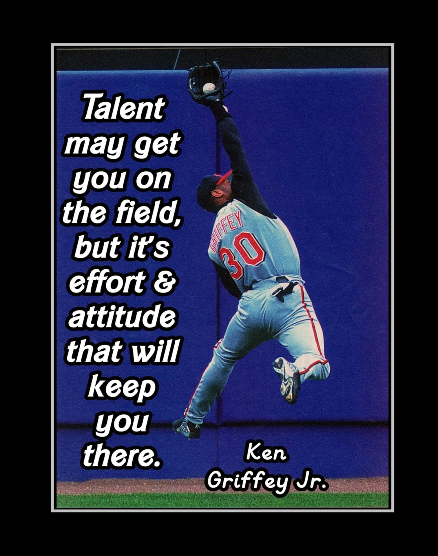 Ken Griffey Jr. 在半空中接住棒球，並帶有勵志語句覆蓋。