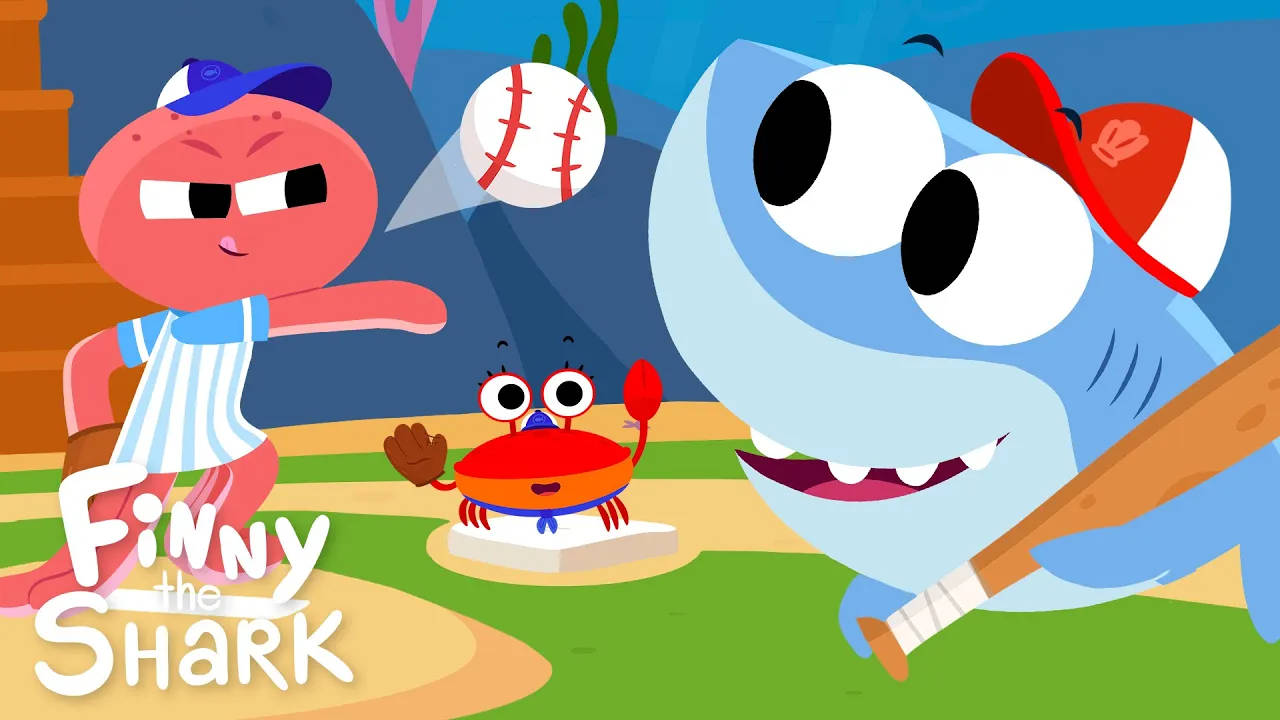 卡通鯊魚和螃蟹與粉紅色角色打棒球。