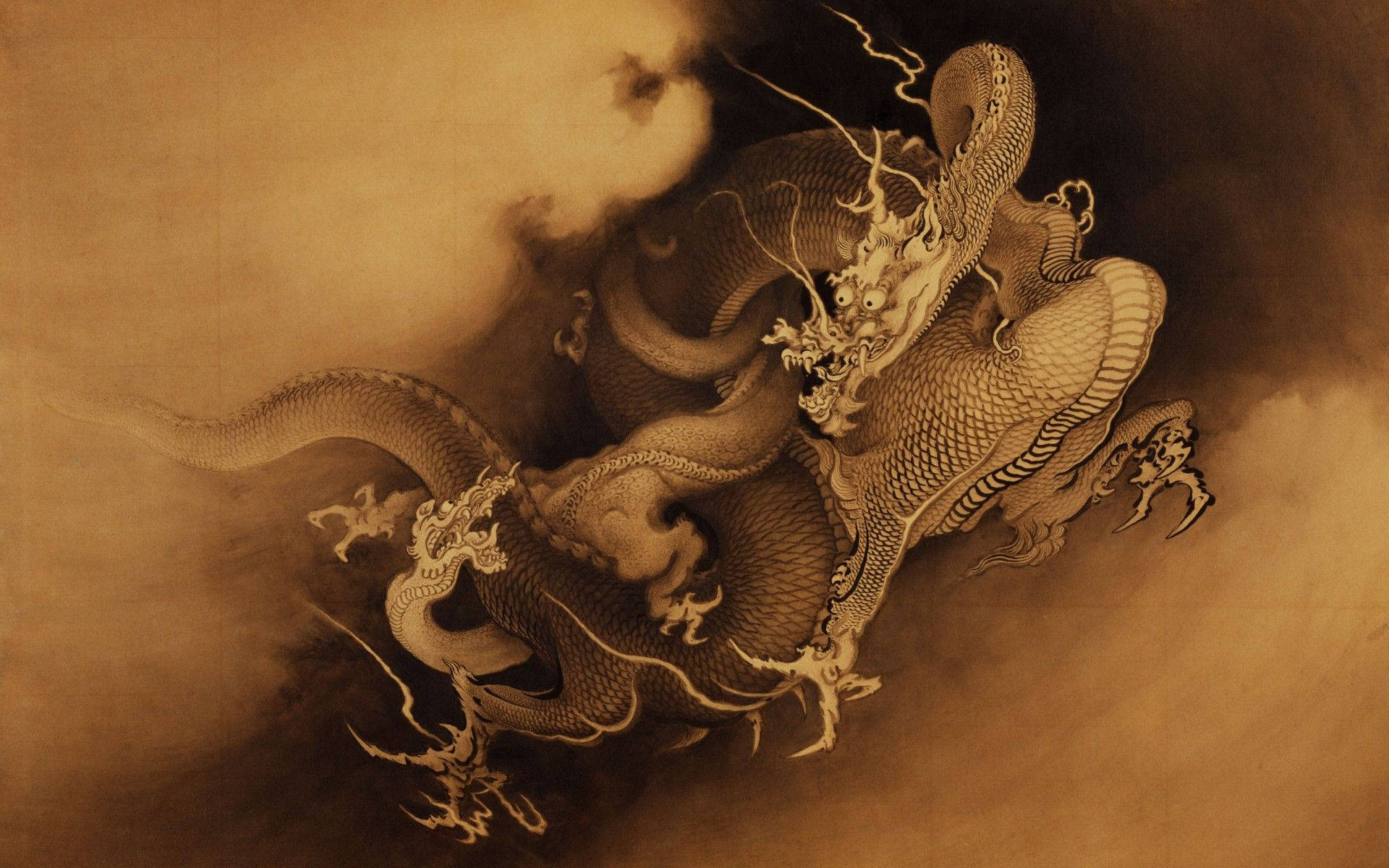 棕卷日式龍 壁紙 — 一幅精緻的紙上水墨插圖，描繪一條雄偉的龍在深褐色調的漩渦雲中盤旋。