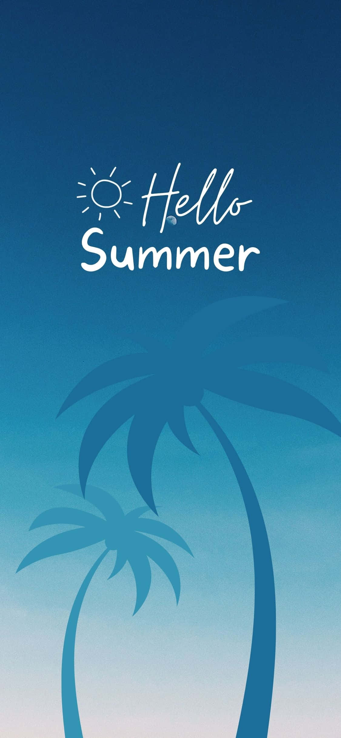 棕櫚樹剪影 iPhone X 夏日背景 壁紙 — 兩棵棕櫚樹剪影襯托漸變藍色天空，帶有「Hello Summer」文字和太陽圖標。