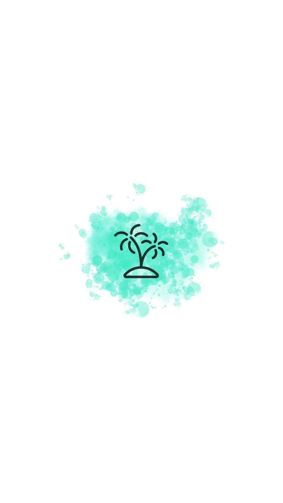 棕櫚樹水彩插畫 壁紙 — 一個極簡黑色線條棕櫚樹圖示，居中於白色背景上的綠松石水彩潑濺。