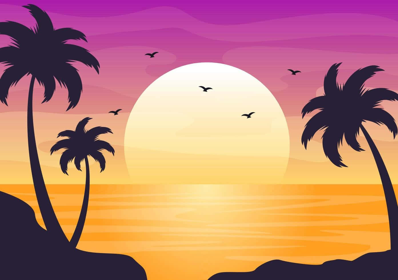 Sunset Ocean 桌布 壁紙 — 棕櫚樹的剪影框住了一輪巨大的夕陽，在紫色和橙色的天空下，平靜的海洋上，還有飛鳥。