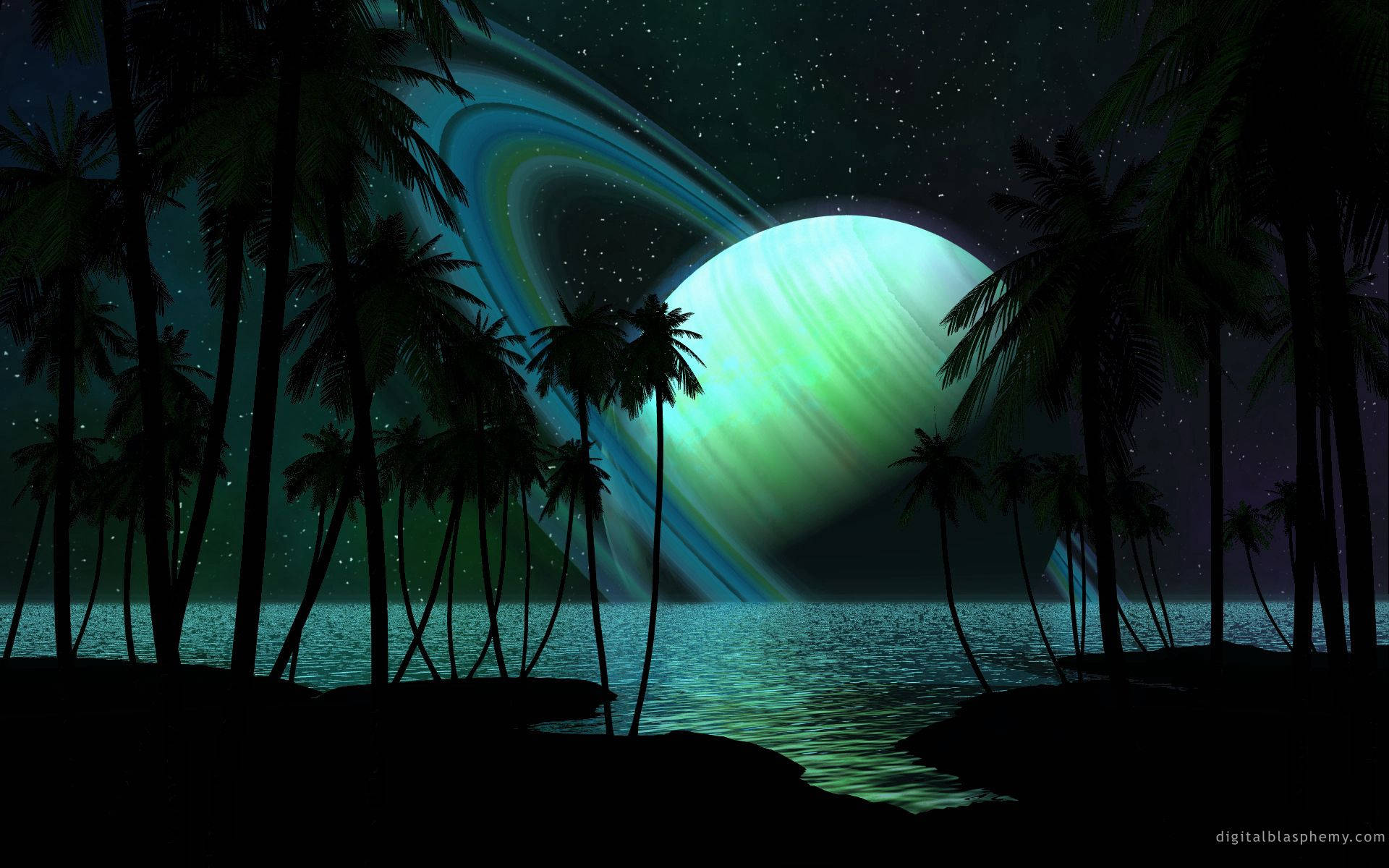 夜晚的熱帶海灘，棕櫚樹在發光的外星行星及其光環襯托下形成剪影。 — 土星 壁紙