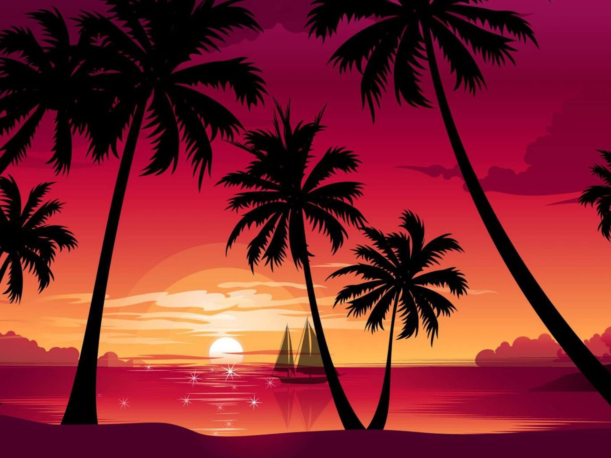 棕櫚海灘帆船日落景觀 壁紙 — 棕櫚樹的剪影襯托著一艘帆船，在平靜的熱帶水域上，閃耀著橙色和洋紅色的日落。