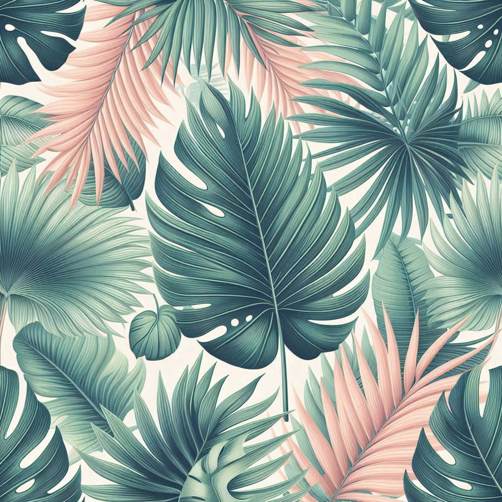 奶油色背景上青綠色和淡粉紅色的熱帶葉片圖案
