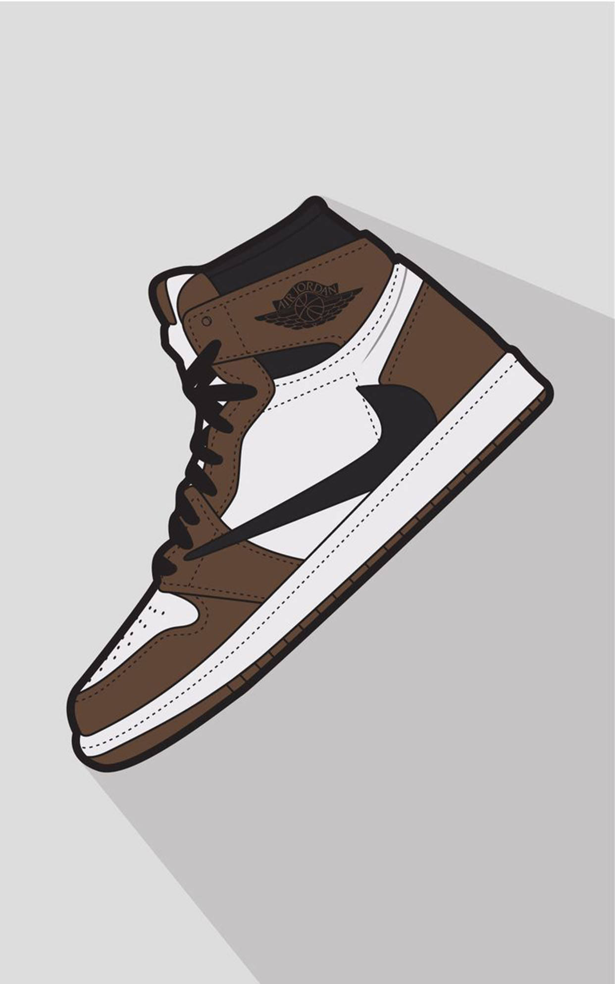棕色Air Jordan I卡通運動鞋 壁紙 — 一雙風格化的棕白色高筒運動鞋，配有黑色鞋帶和勾勾，背景為淺灰色。