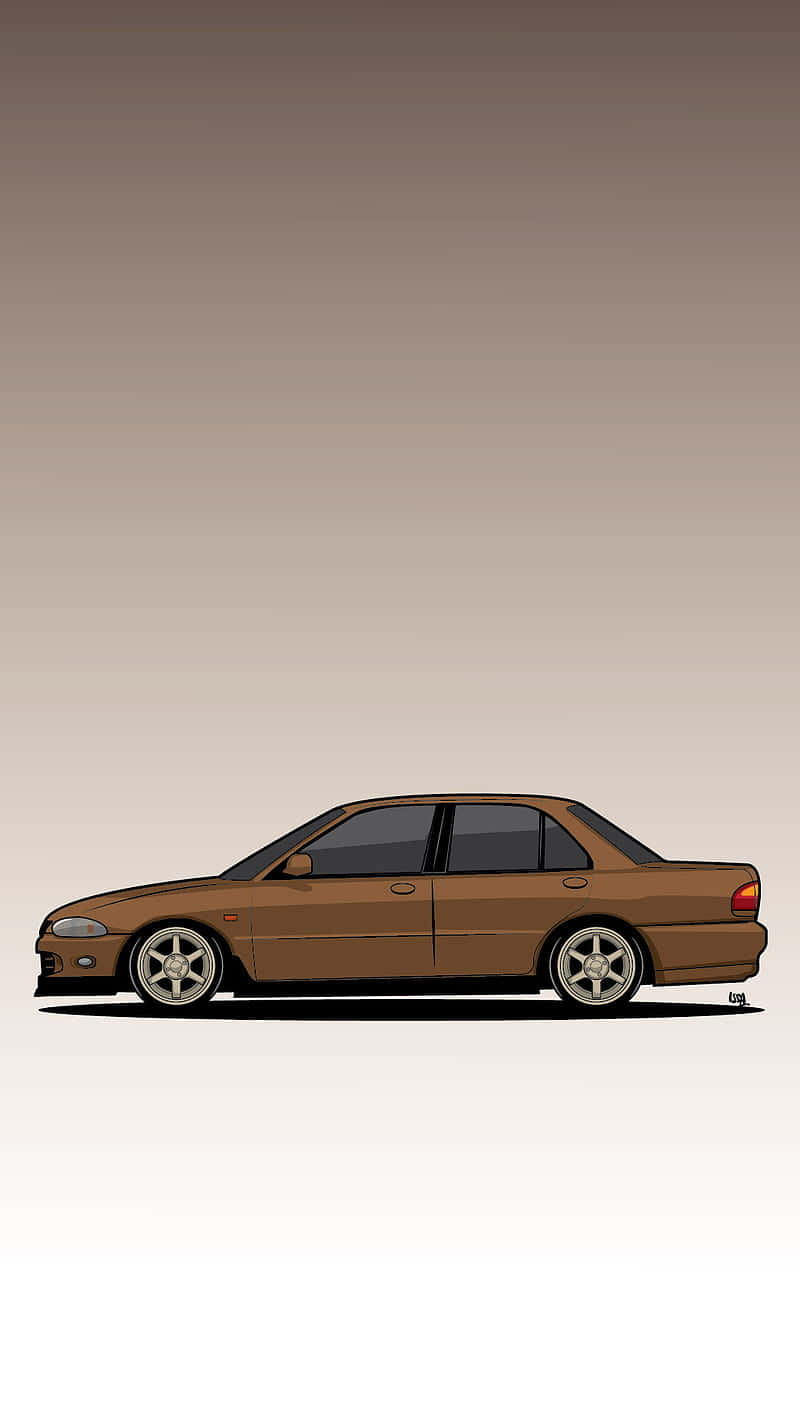 棕色Proton Wira側面插畫 壁紙 — 一輛時尚的棕色轎車配備銀色輪圈，居中放置在柔和的漸變背景上。