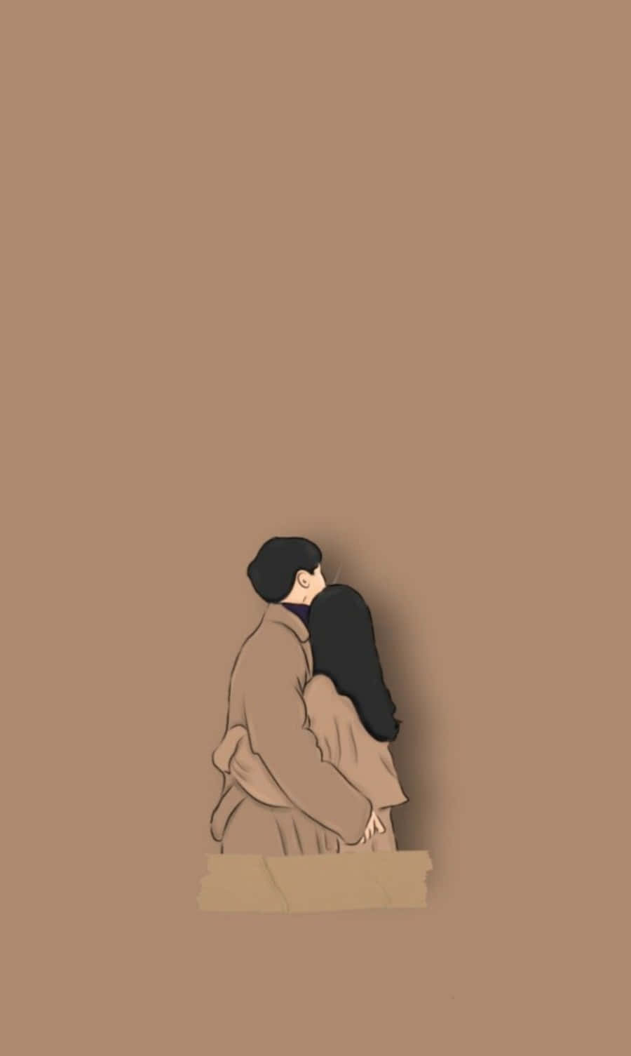 一對情侶在棕色背景下從背後看到的溫暖擁抱。