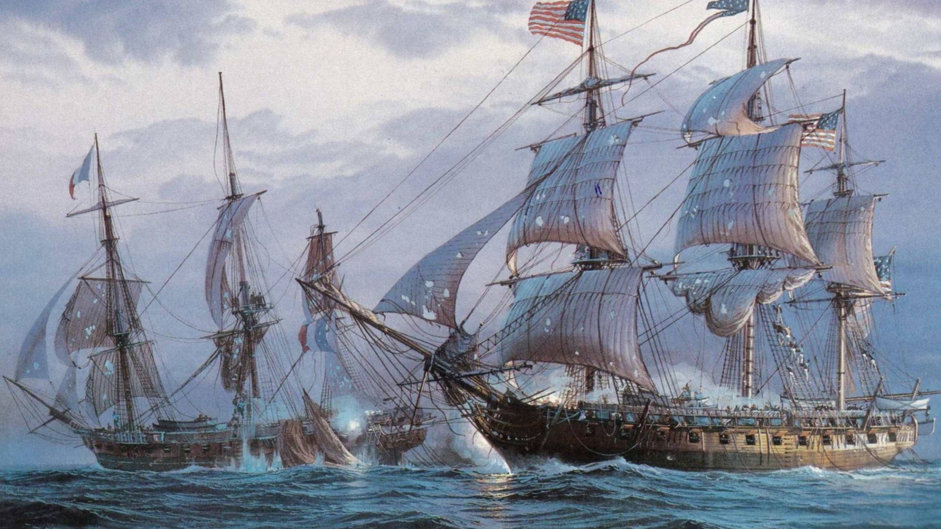 美國和法國軍艦在波濤洶湧的海洋上進行海戰。