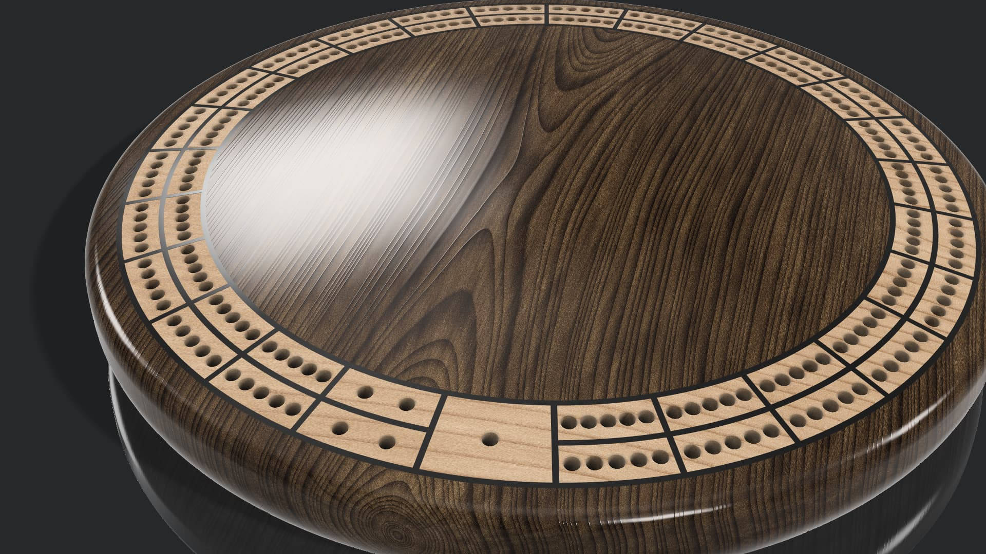 圓形木製克里比奇棋盤，帶有計分軌道和深色木紋。