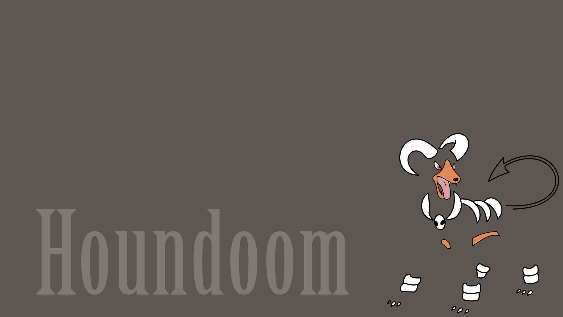 卡通 Houndoom，有白色角和尾巴漩渦，在棕色背景上，有灰色文字。