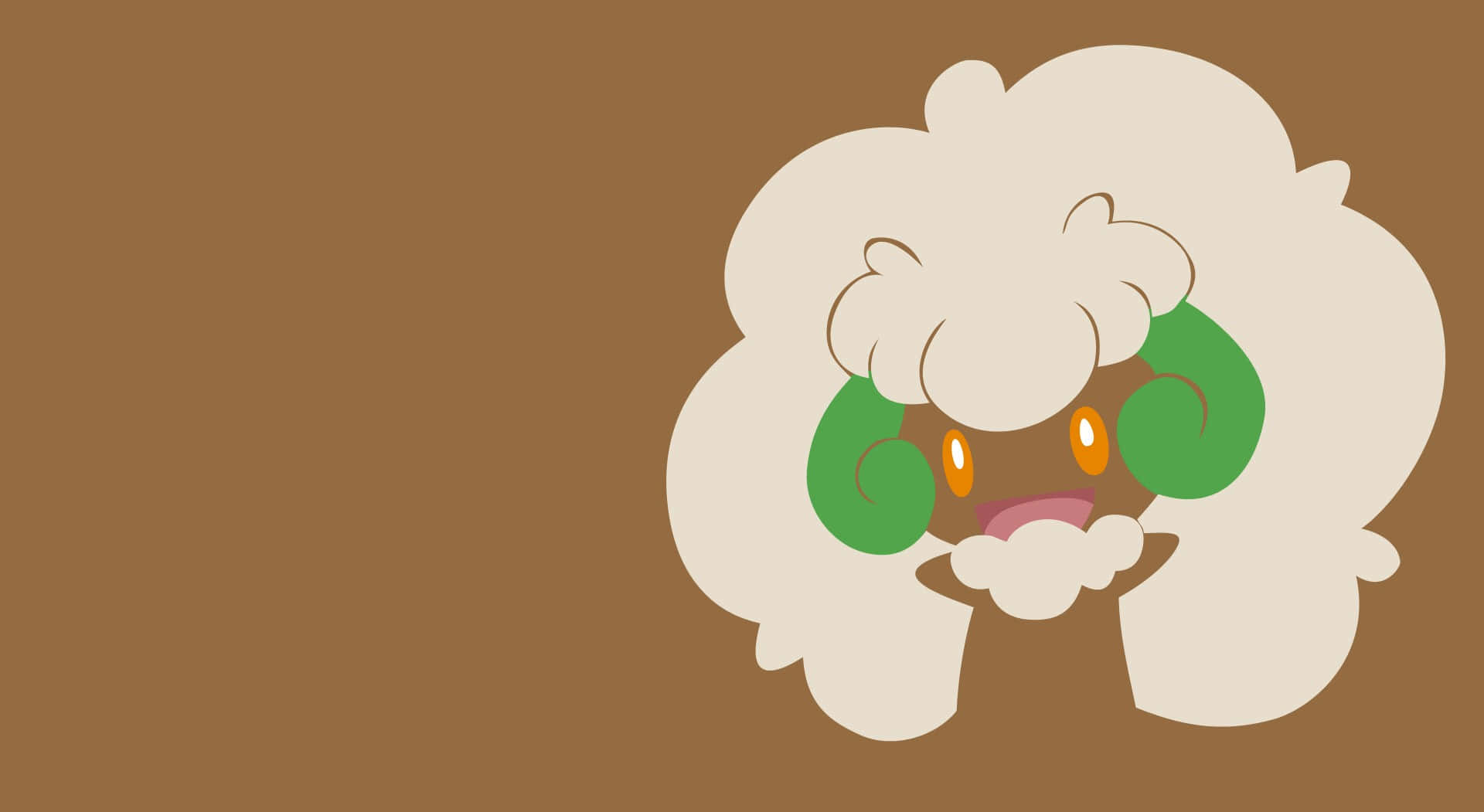 棕色簡約背景的Whimsicott 壁紙 — 一個可愛的卡通雲朵生物，長著綠色耳朵和橙色眼睛，從棕色背景中探出頭來。