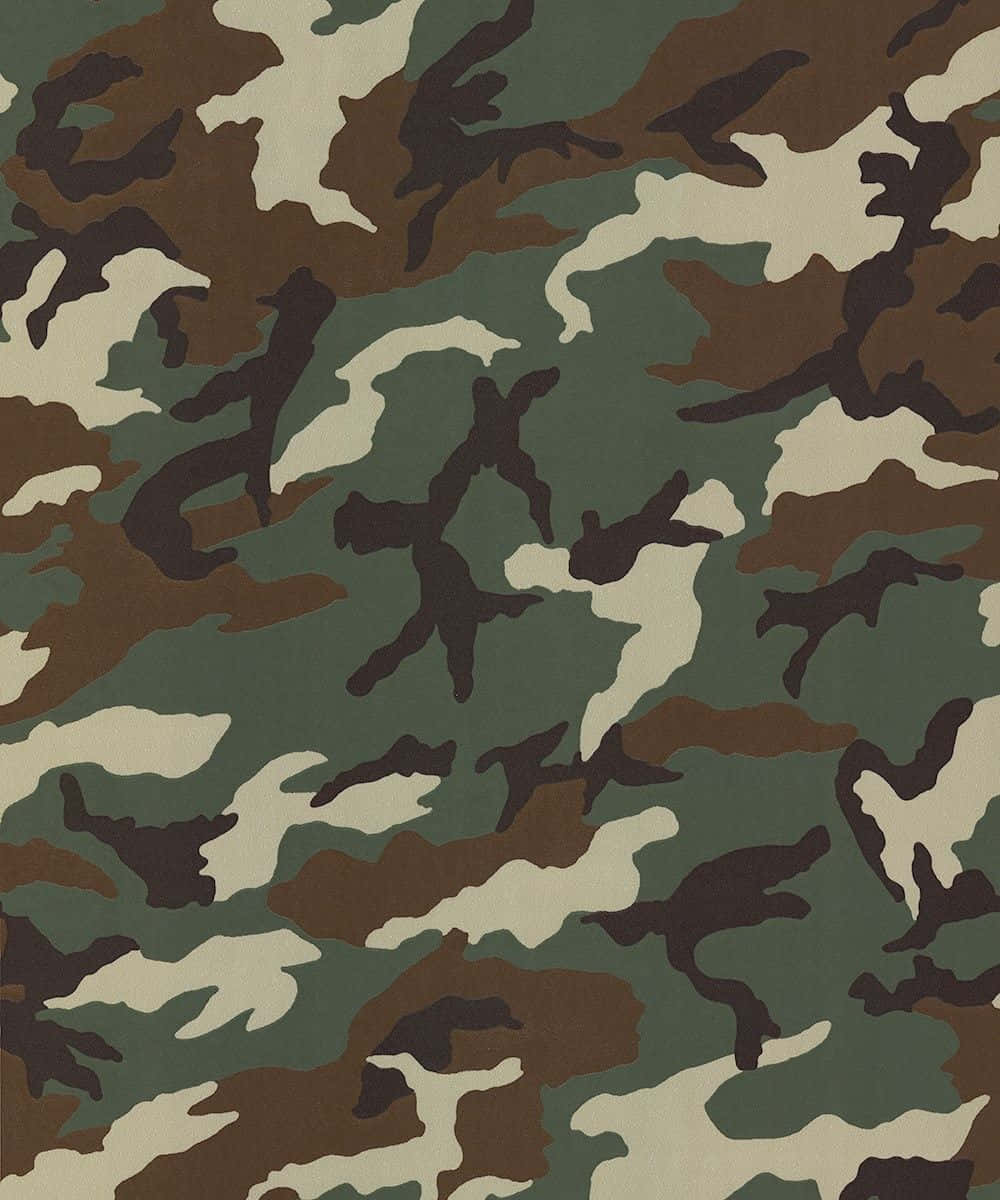 棕色綠色米色軍事迷彩背景 壁紙 — 經典林地迷彩圖案的近距離特寫，帶有不規則的綠色、棕色和米色斑塊。