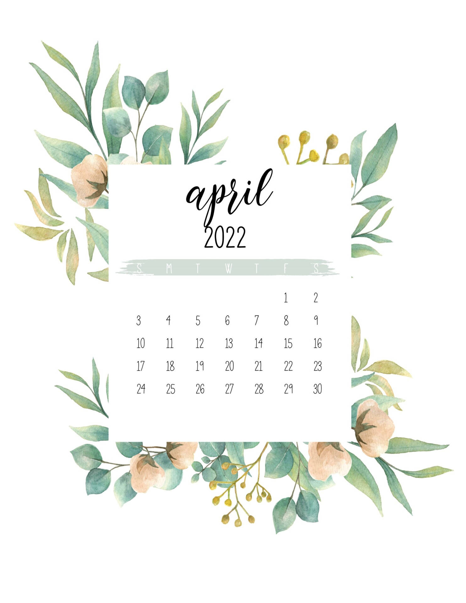 2022年4月月曆，帶有水彩花卉邊框