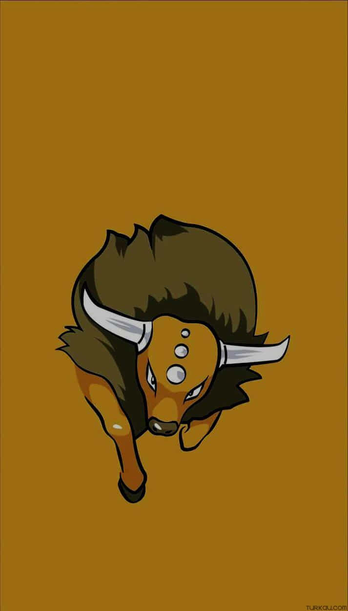 棕色美學 Tauros 壁紙 — 一隻風格化的卡通野牛，有白色角和銀色鼻環，在純棕色背景上向前衝刺。