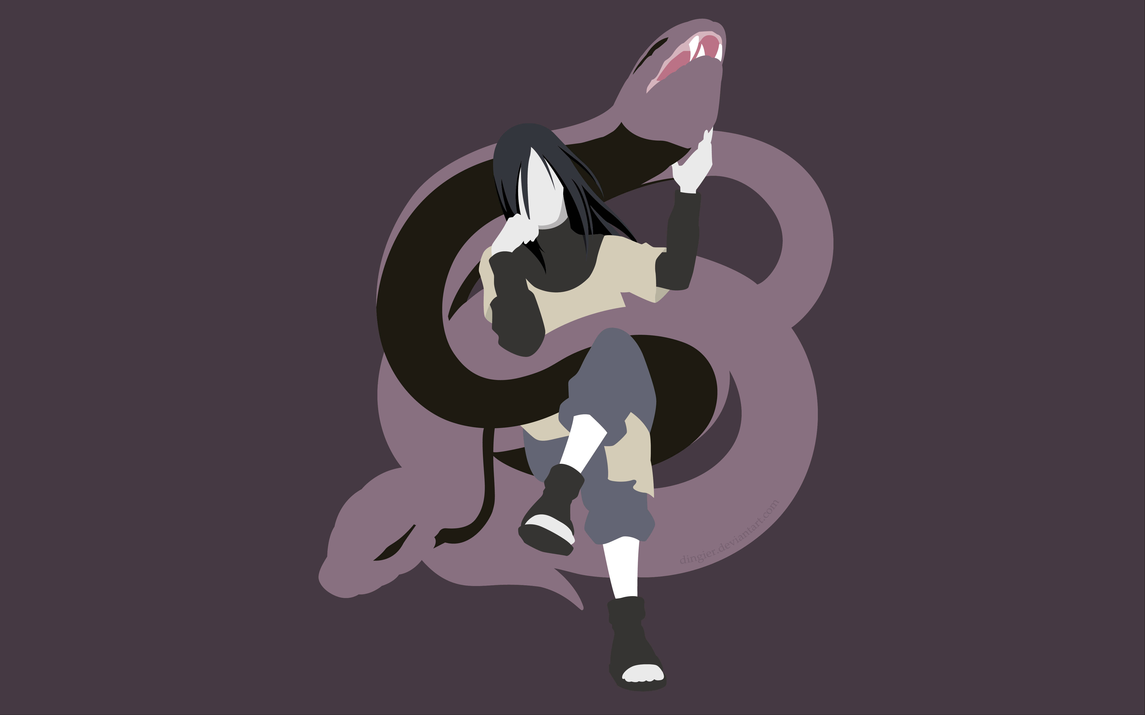 棕色背景的 Orochimaru 與蛇 壁紙 — 一個風格化的動漫女孩，長著黑色長髮，坐在一條張開大嘴的紫色大蛇上，背景是深紫色。