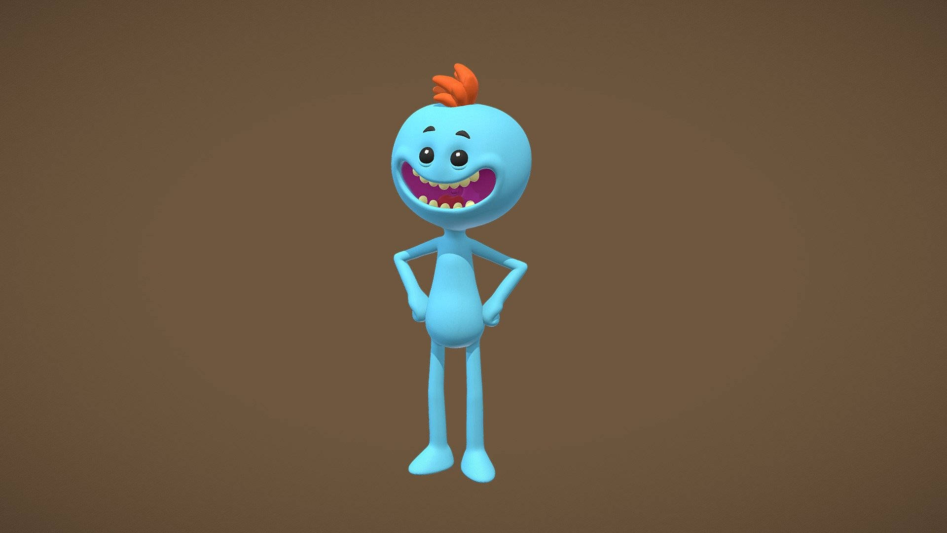 棕色背景的3D Mr. Meeseeks 壁紙 — 一個快樂的藍色卡通角色，帶有橙色莫希干頭和燦爛的笑容，自信地站在純棕色背景前。