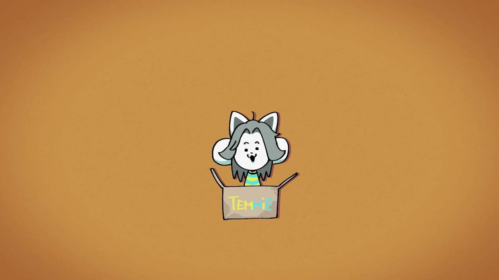 棕色背景的Temmie Undertale 壁紙 — 一隻可愛的灰色毛髮卡通狼角色從一個標有「Temiz」的紙箱中探出頭來，背景是純橙色。