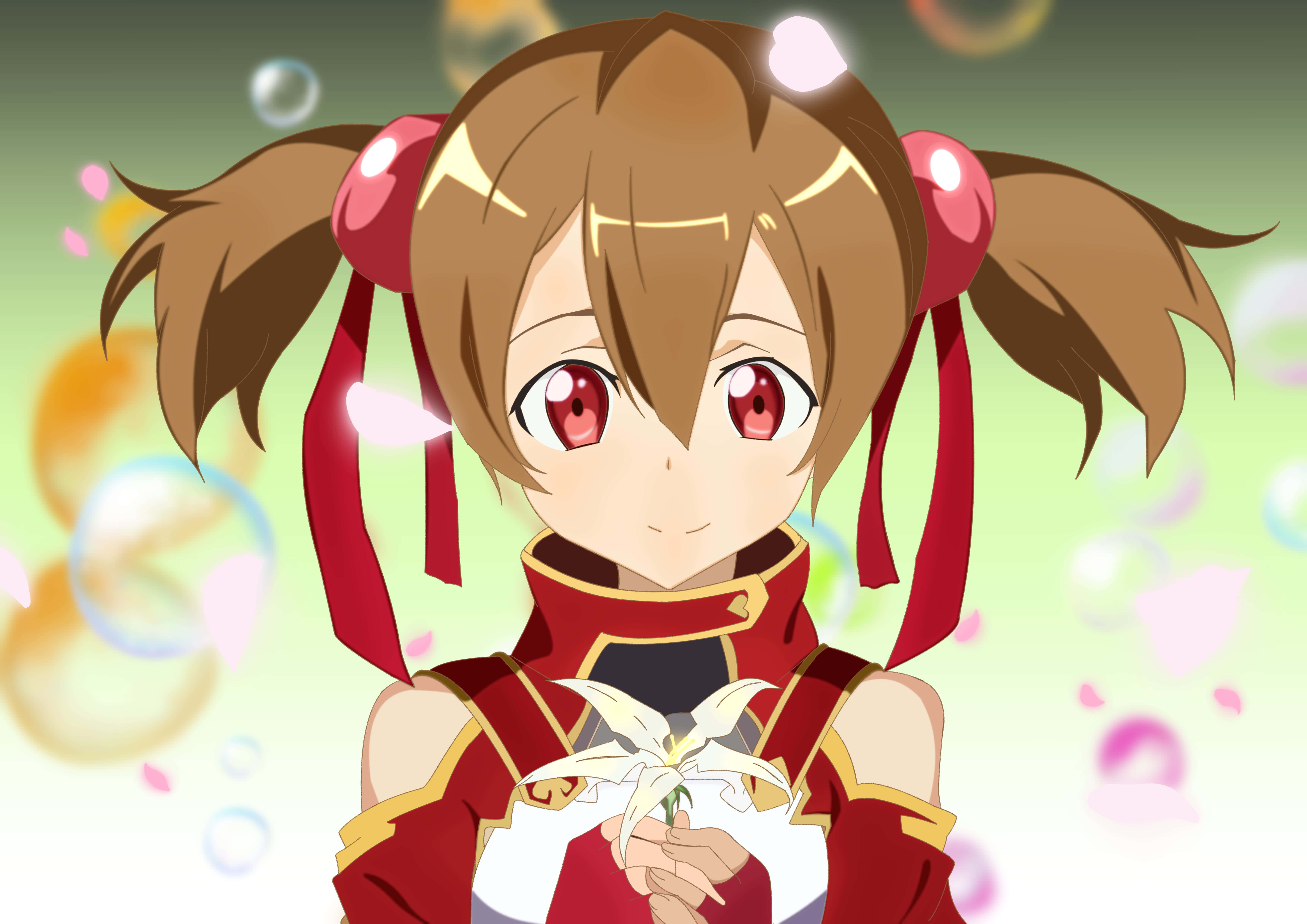 Sword Art Online Silica 桌布 壁紙 — 棕色雙馬尾、紅眼睛的動漫女孩，手持一朵白色百合花，周圍環繞著漂浮的泡泡和粉紅色花瓣。