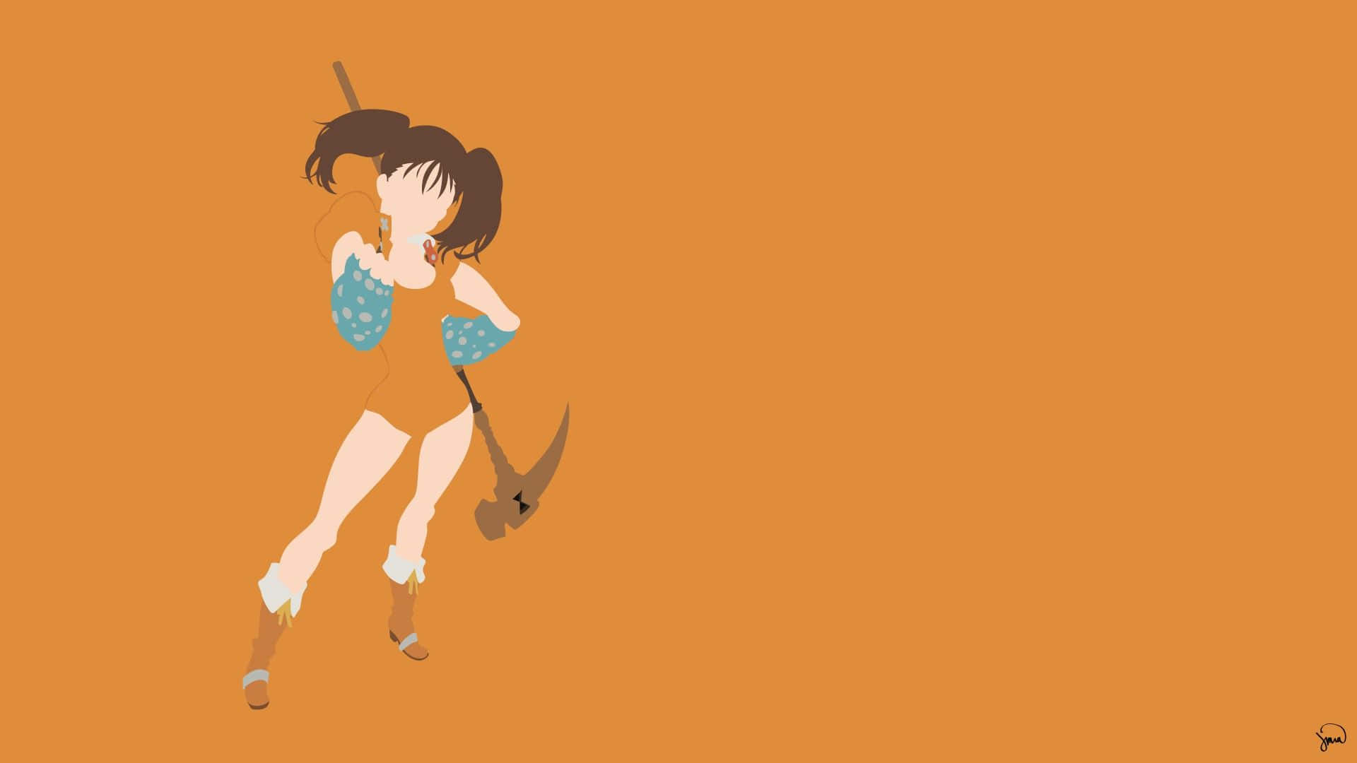 Seven Deadly Sins Diane 桌布 壁紙 — 棕色雙馬尾的動漫女孩在極簡數位藝術中對著純橙色背景揮舞鎬子。