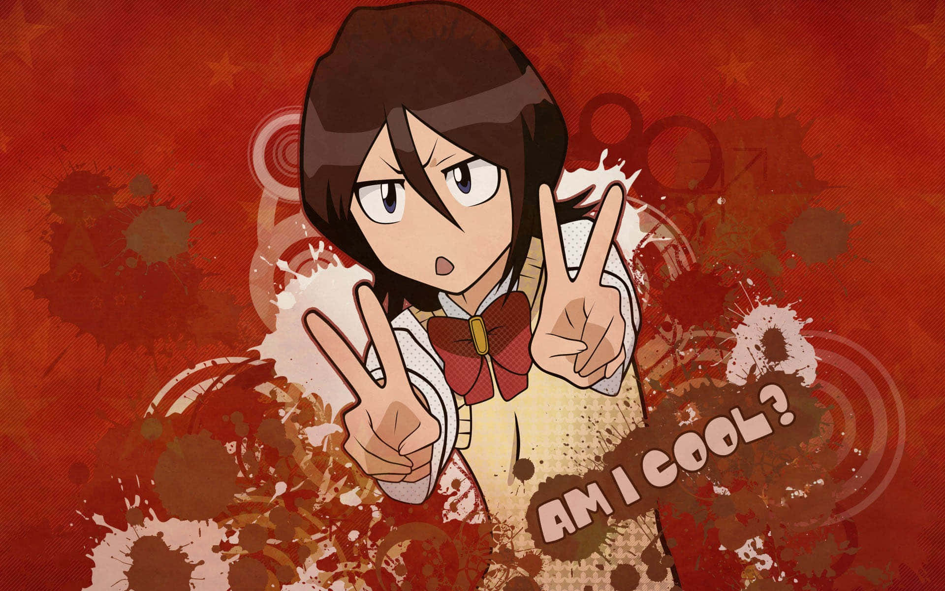 Rukia Kuchiki 桌布 壁紙 — 棕色頭髮、戴紅色蝴蝶結的動漫女孩在濺滿紅色的背景上比出和平手勢，並帶有文字『AM I COOL？』