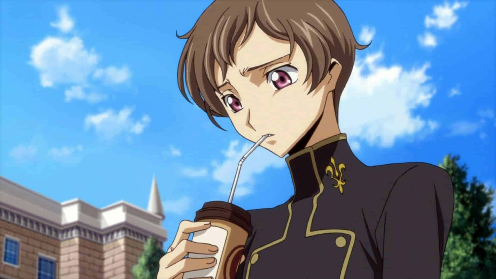 Rolo Lamperouge 桌布 壁紙 — 棕色頭髮、紫色眼睛的動漫男孩，在藍天白雲下用吸管喝飲料。
