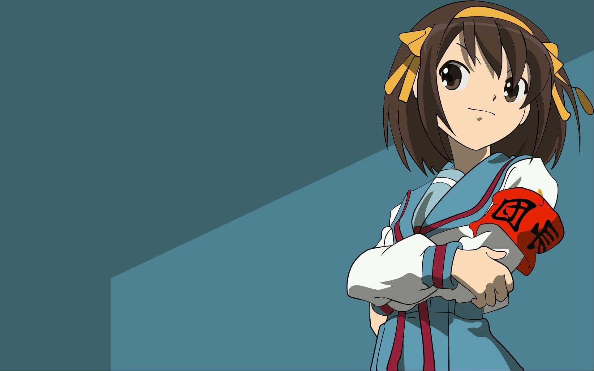 Haruhi Suzumiya 桌布 壁紙 — 棕色頭髮、黃色蝴蝶結的動漫女孩，在青綠色背景前拿著帶有漢字的紅色帽子。