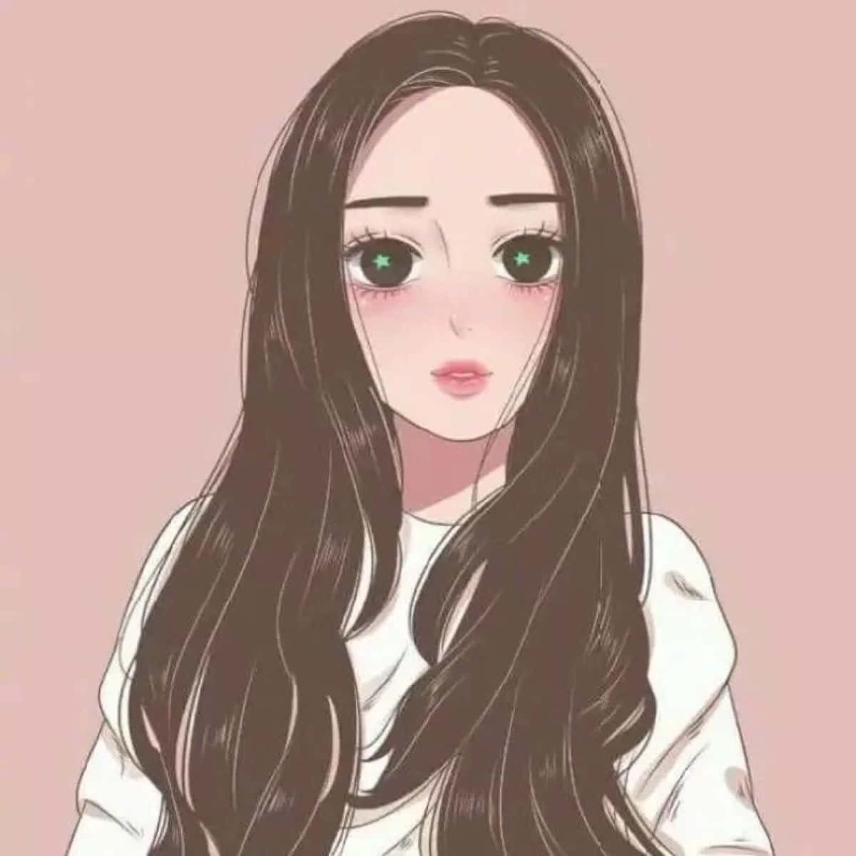 棕色頭髮動漫少女 壁紙 — 長黑髮、閃爍綠色星瞳的動漫女孩，在柔和的粉紅色背景下溫柔凝視。
