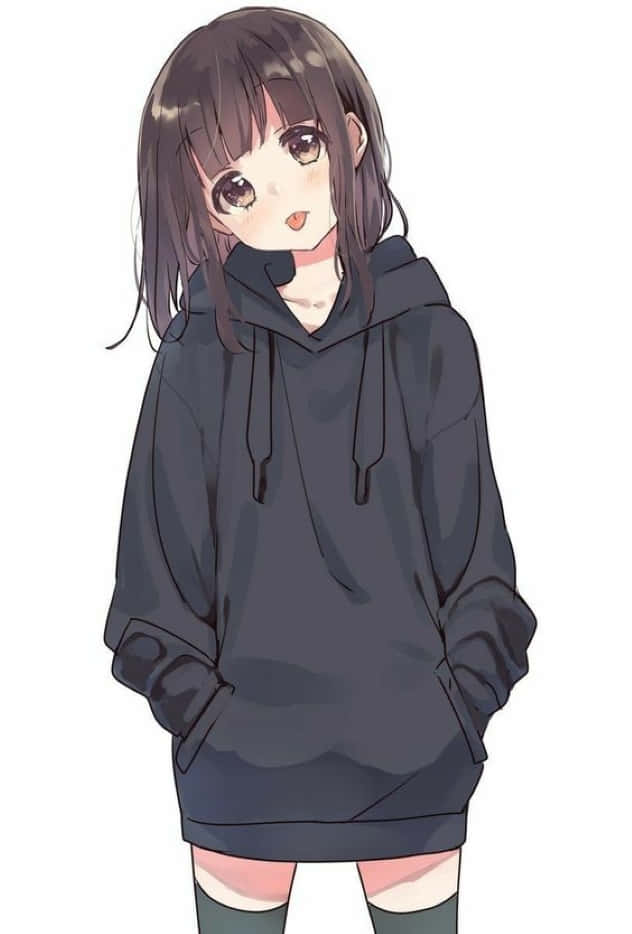 Menhera Chan 桌布 壁紙 — 棕色頭髮和大眼睛的動漫女孩，在純白色背景前穿著超大深色連帽衫和及膝襪。