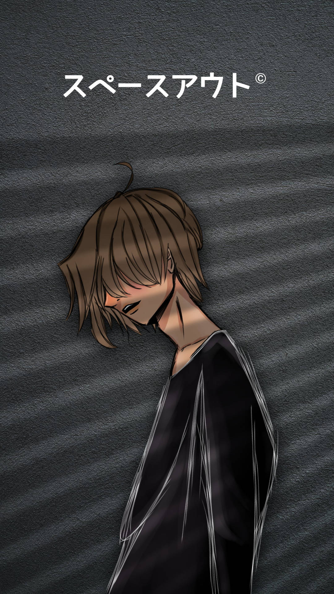 棕色頭髮的動漫角色靠著灰色牆壁，悲傷地閉著眼睛。 — 動漫男孩 壁紙