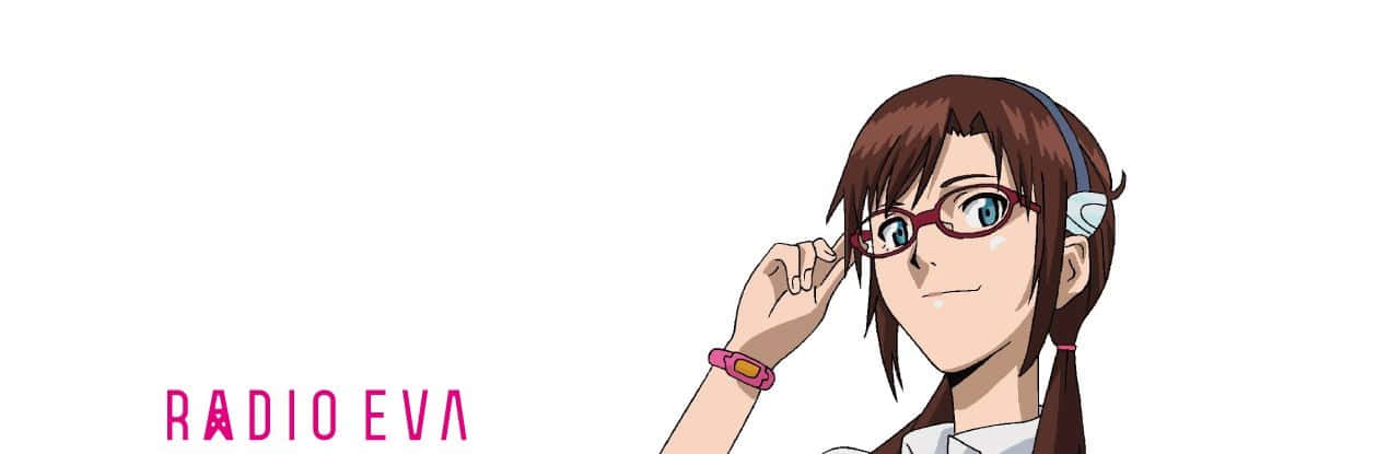 Mari Illustrious Makinami 桌布 壁紙 — 棕色頭髮戴眼鏡的動漫女孩，在白色背景上帶有粉紅色文字的微笑中調整眼鏡。