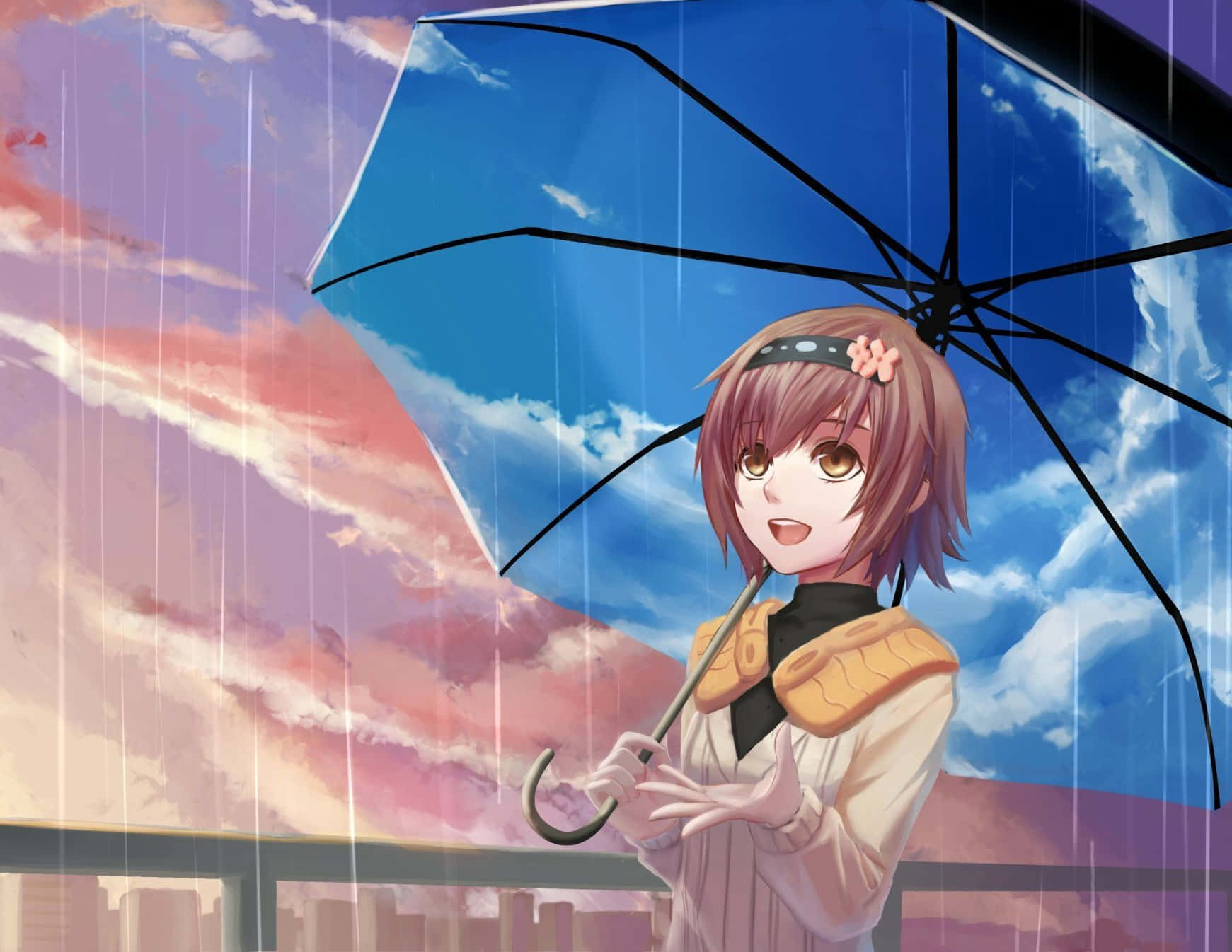 Hinami Fueguchi 桌布 壁紙 — 棕色頭髮的動漫女孩在充滿活力的粉紅色和藍色雨天天空中撐著藍色雨傘。