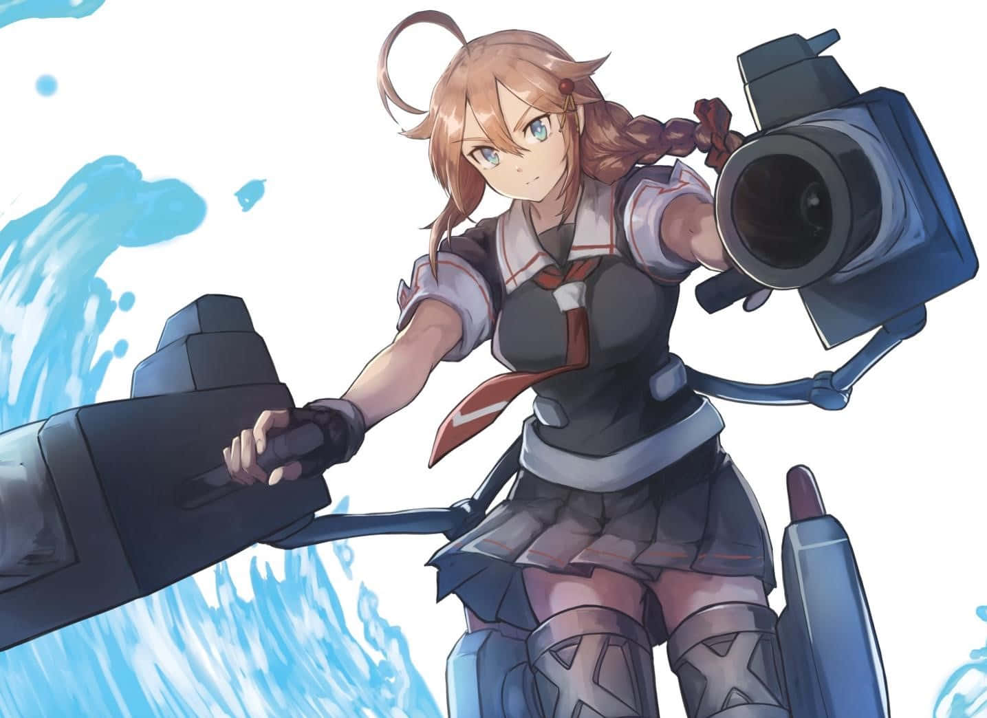 Kantai Collection 桌布 壁紙 — 棕色頭髮的動漫女孩在明亮的白色背景下，在飛濺的水花中揮舞著一把巨大的藍色大砲。